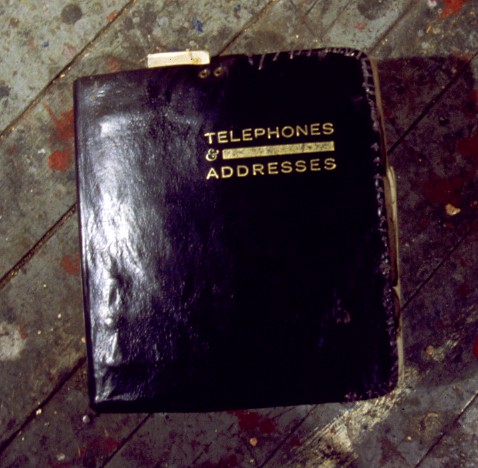 Thr cover of a little black book entitled 'Addresses & Telephones. Click here to see the installation.