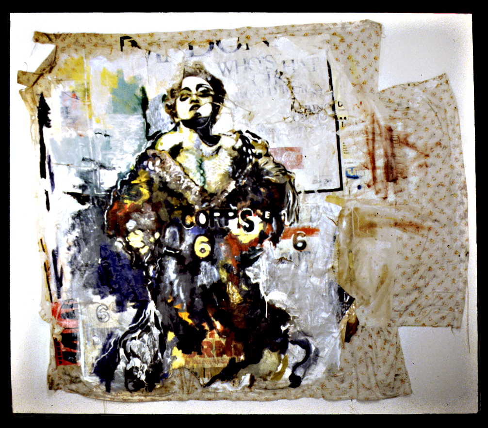 Madonna concert poster collaged into a memorial collage for Marilyn Monroe. The words, "In A Bed" feature prominently accross the bottom/